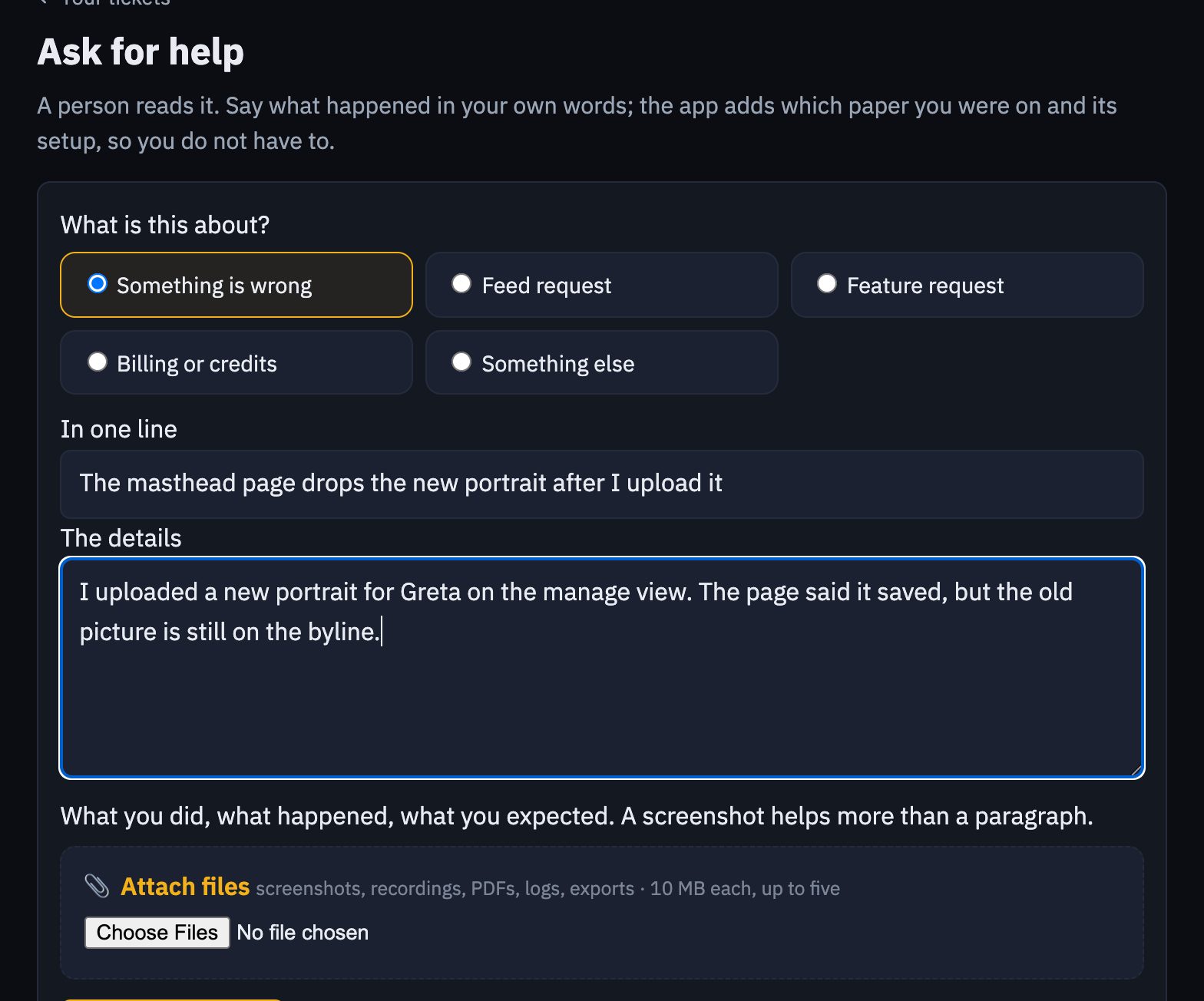 The Ask for help form on Newsroom Floor: five kinds of request, a one-line subject, the details, and a drop zone for files
