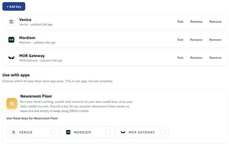 The Inference Keys page: stored provider keys, each with Test, Rename and Remove, then Use with apps, where Newsroom Floor shows a toggle per provider