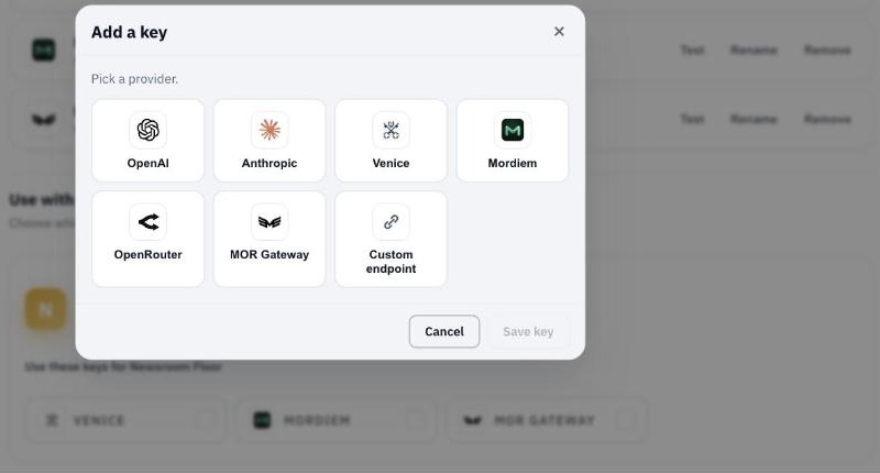 The DRM3 account, Inference Keys: the Add a key picker listing the supported providers and a custom endpoint, over the list of stored keys