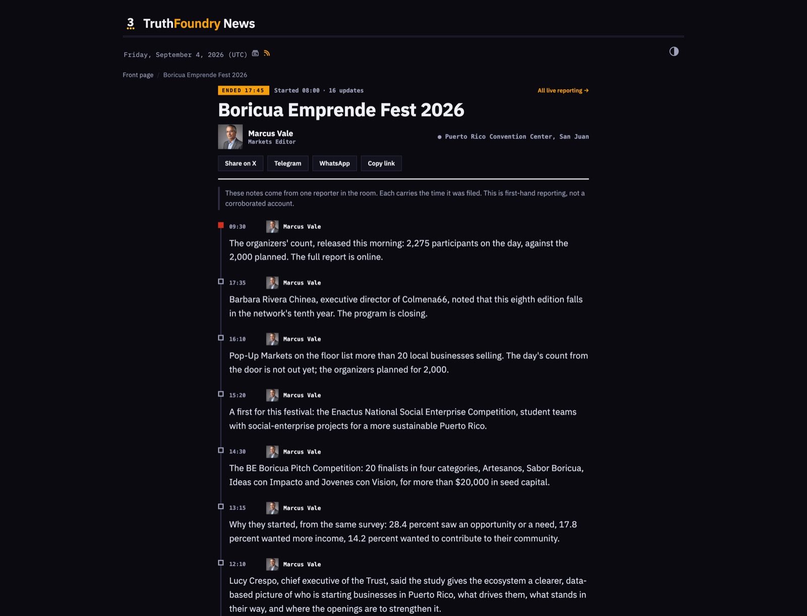 A live event page: timestamped dispatches filed by one reporter in the room