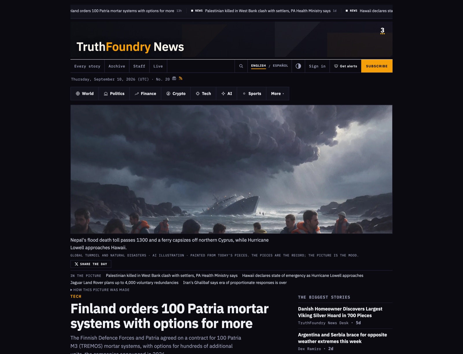 A TruthFoundry News front page: the masthead, the section navigation, and the day's edition art