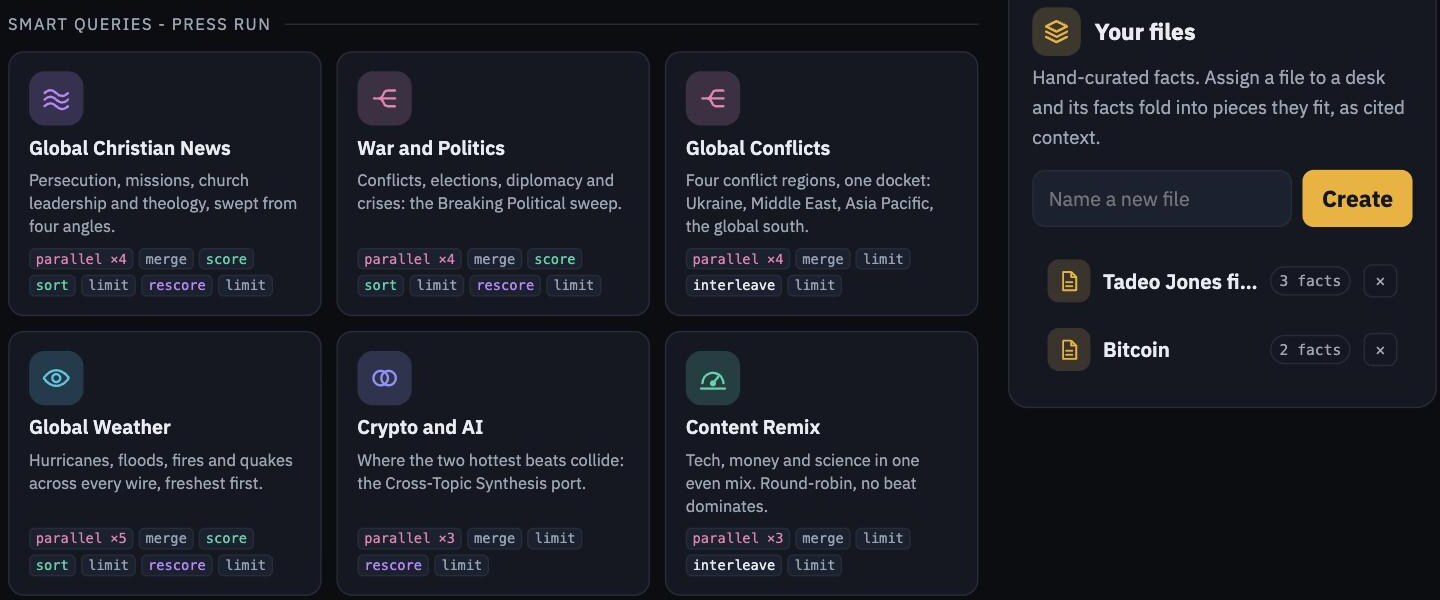 The query builder: twenty-five ready-made smart queries as cards, each with a stage glyph and its pipeline chain, beside the files rail