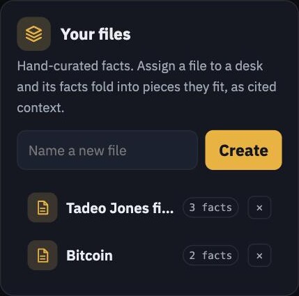 The files rail: hand-curated fact files with a count on each, and a field to name a new one