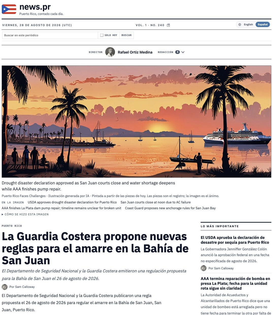 news.pr, a Spanish-language paper on Newsroom Floor: nameplate and mark, the director and staff, a painted sunset cover of San Juan bay with the line naming the stories it was painted from, then the lead story in Spanish with its byline