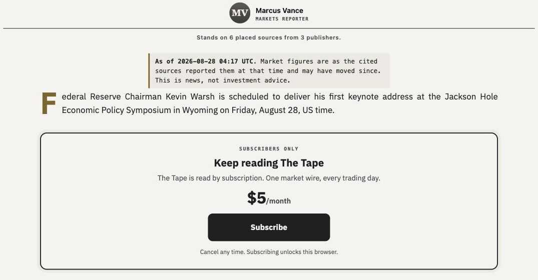 The Tape: a story by its markets reporter, the line that says it stands on six placed sources from three publishers, the free first paragraph, then the subscription wall with the price and a Subscribe button