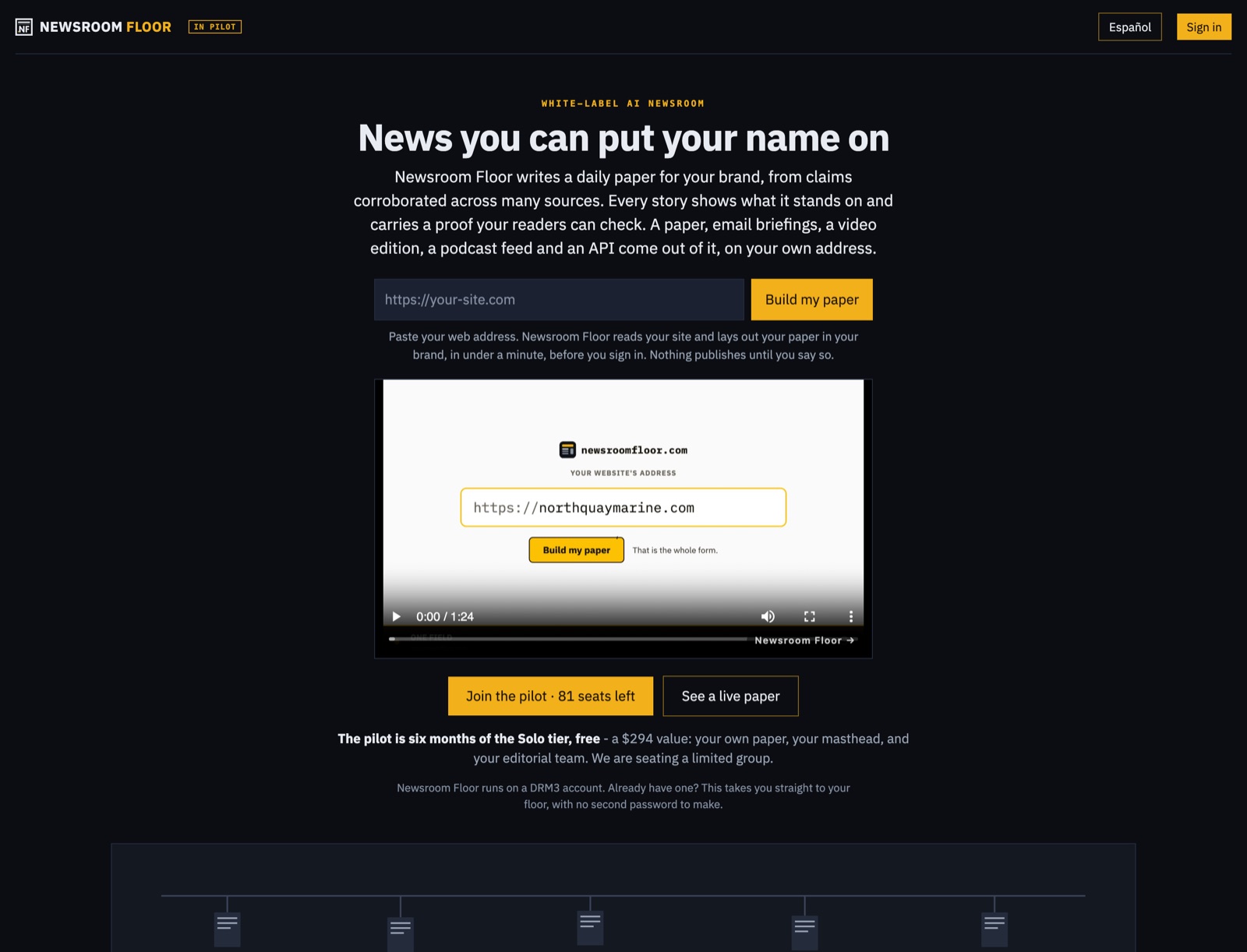 The Newsroom Floor landing page: one field to paste your web address and build a paper in your brand