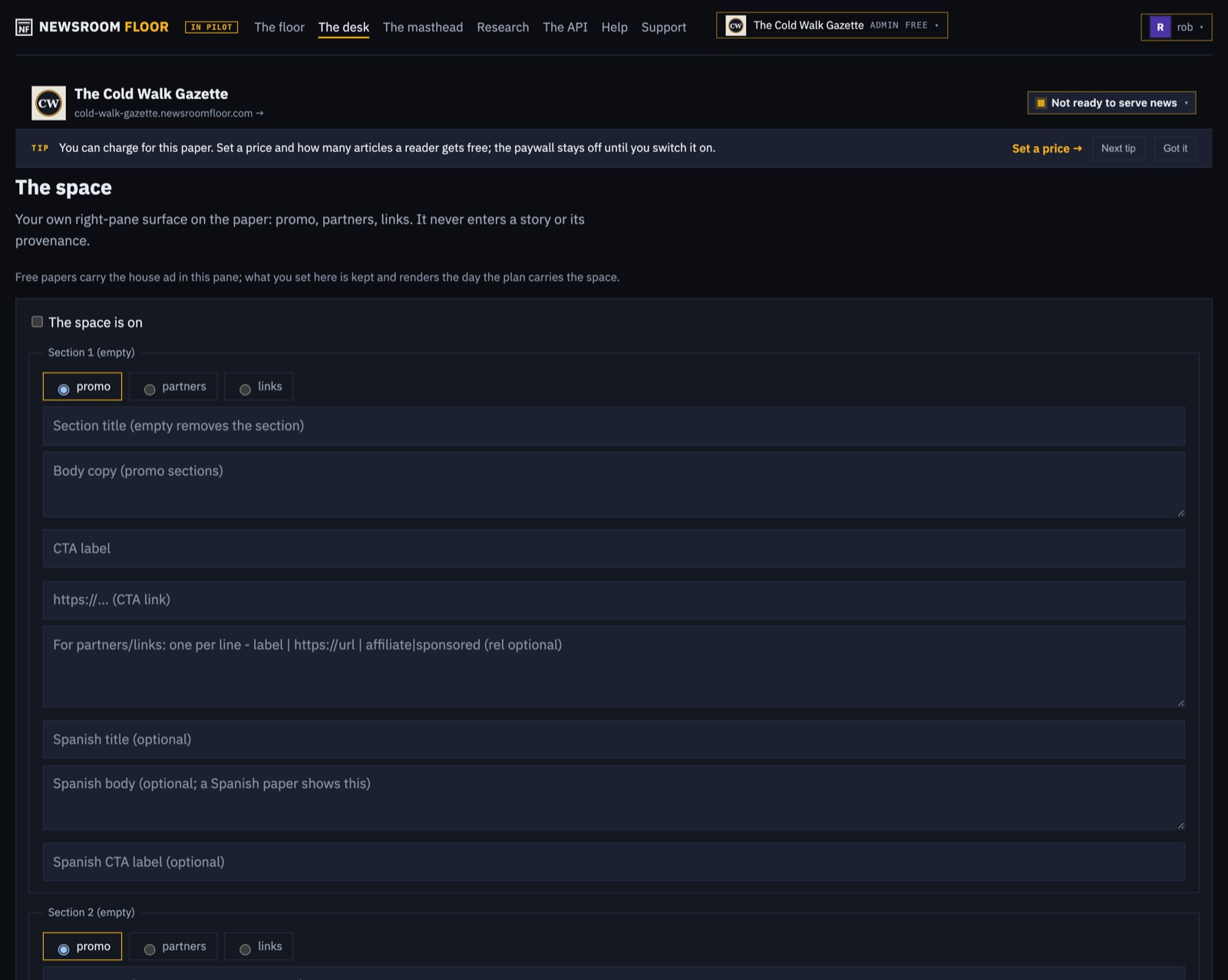 The space manager: a promo, partners, or links block for the paper's right pane, with fields in English and Spanish