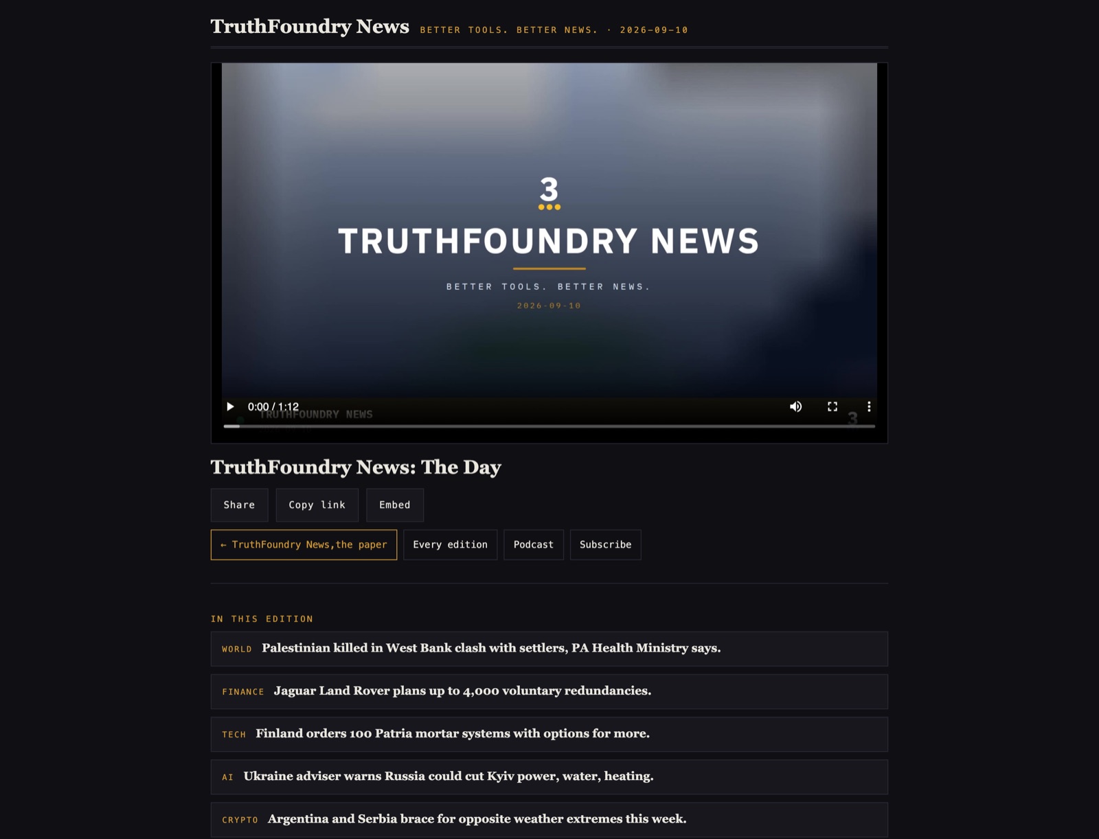 The video edition player showing the day's title card, with the stories in the edition listed below