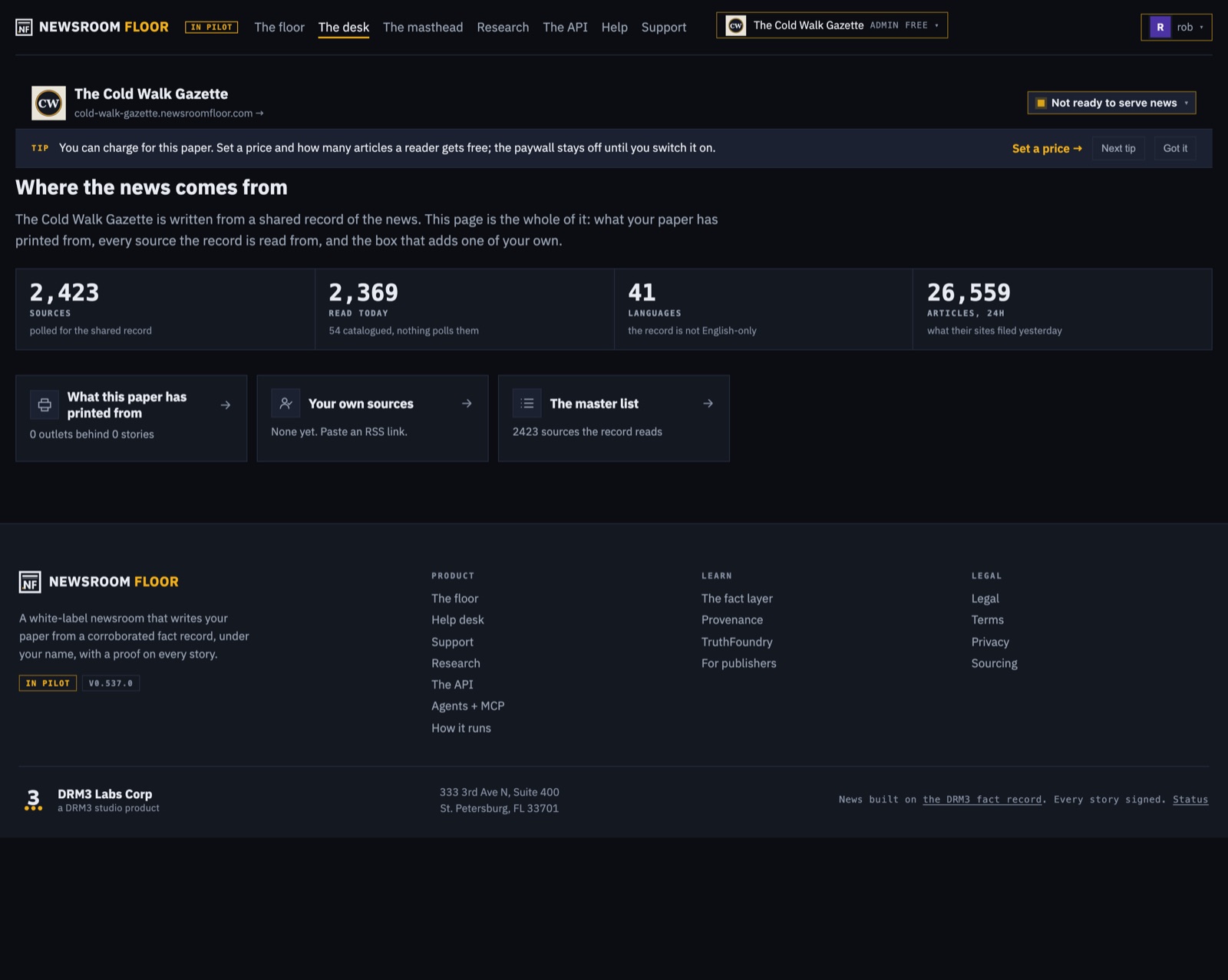 The sources page: how many sources the record reads, in how many languages, and a box to add your own feed