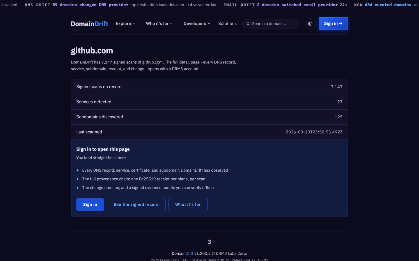 A domain on DomainDrift: signed scans on record, services detected, subdomains discovered
