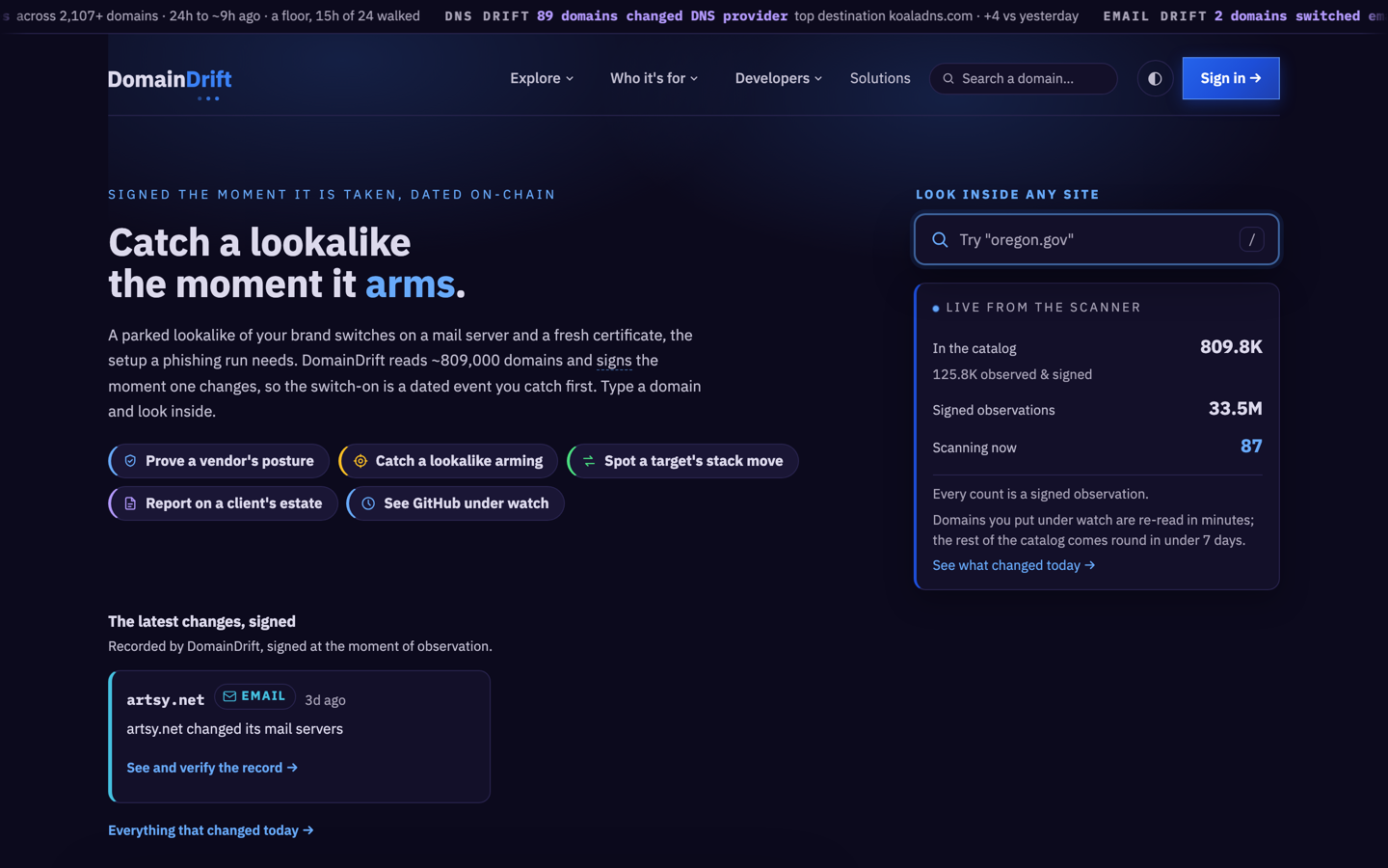 DomainDrift: the front page with the drift ticker and the domain search