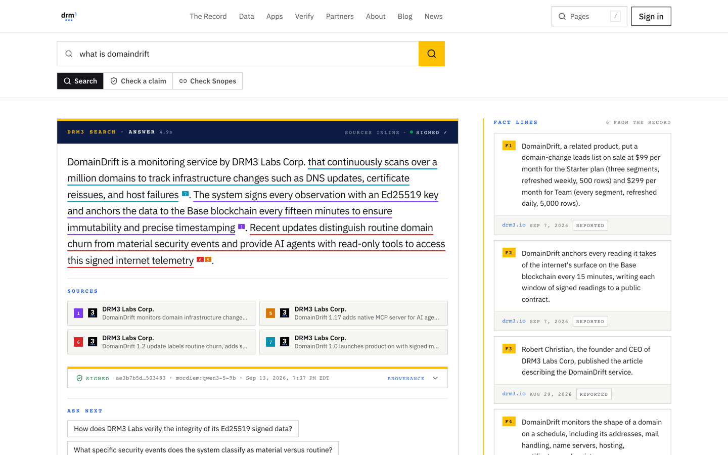 DRM3 Search: a written answer with inline citations, its sources, the signed receipt, and the fact lines beside it
