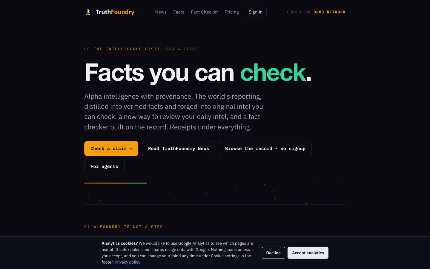 The TruthFoundry front door: the ticker, the doors to the record