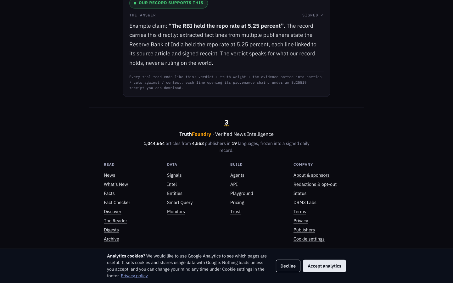 The TruthFoundry Fact Checker: a claim, its verdict, the Truth Meter and the evidence