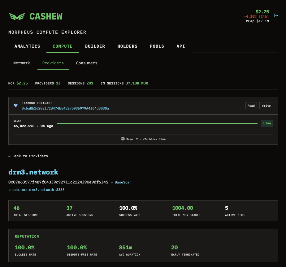 DRM3 Morpheus provider on the Cashew explorer — 46 sessions, 100% success rate, 1,004 MOR staked