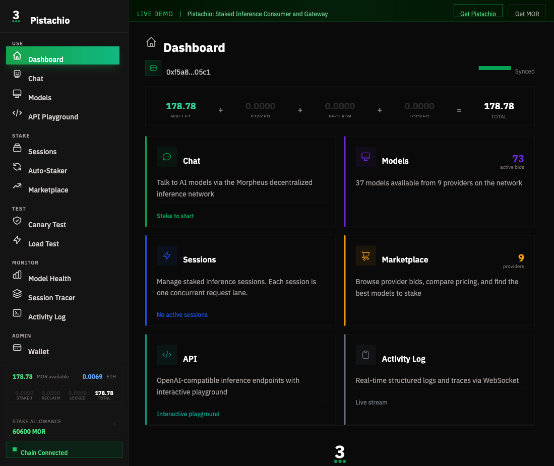 Pistachio dashboard showing wallet balances, session status, and marketplace overview