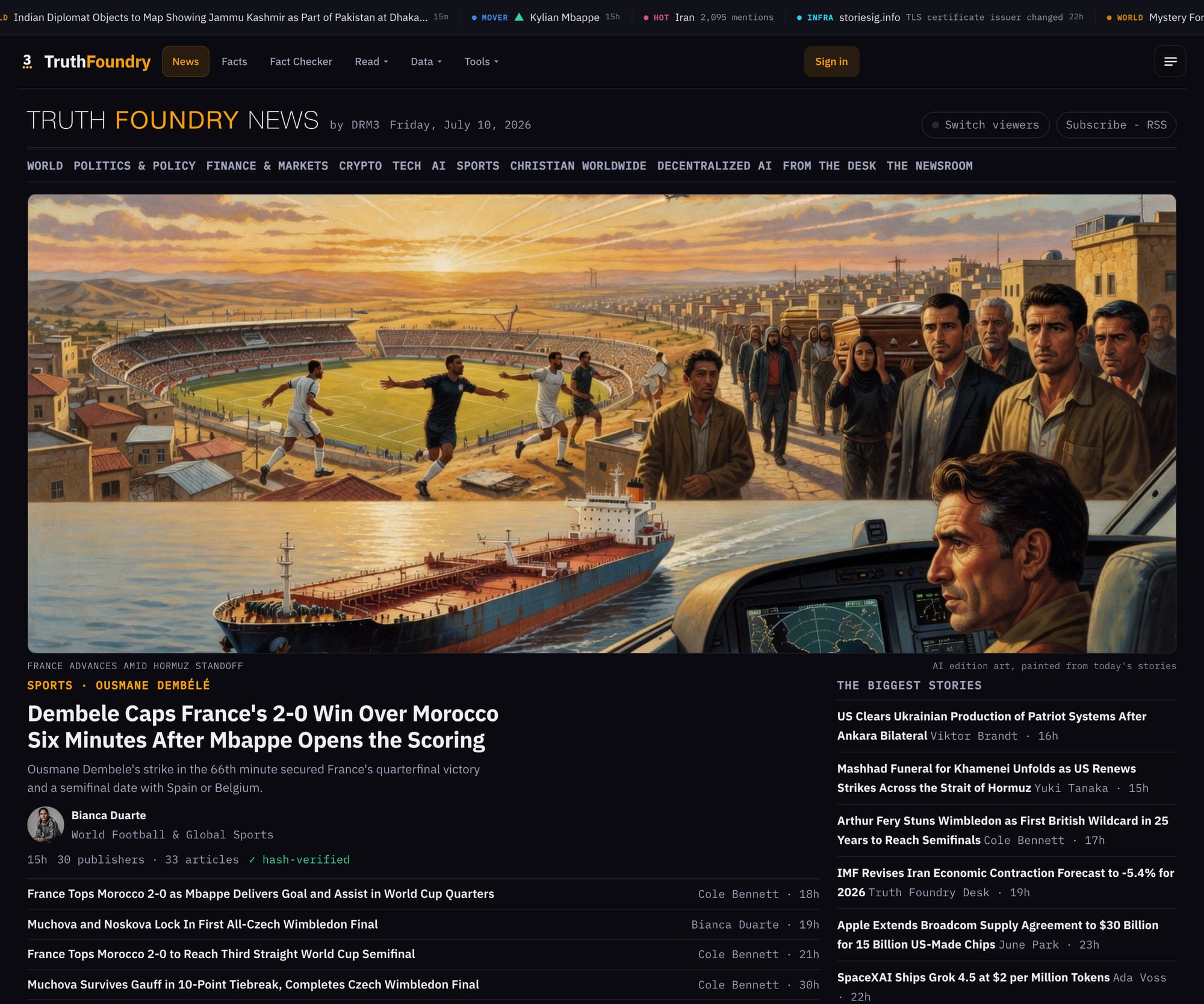 The Truth Foundry News front page: edition art, section rails, persona bylines