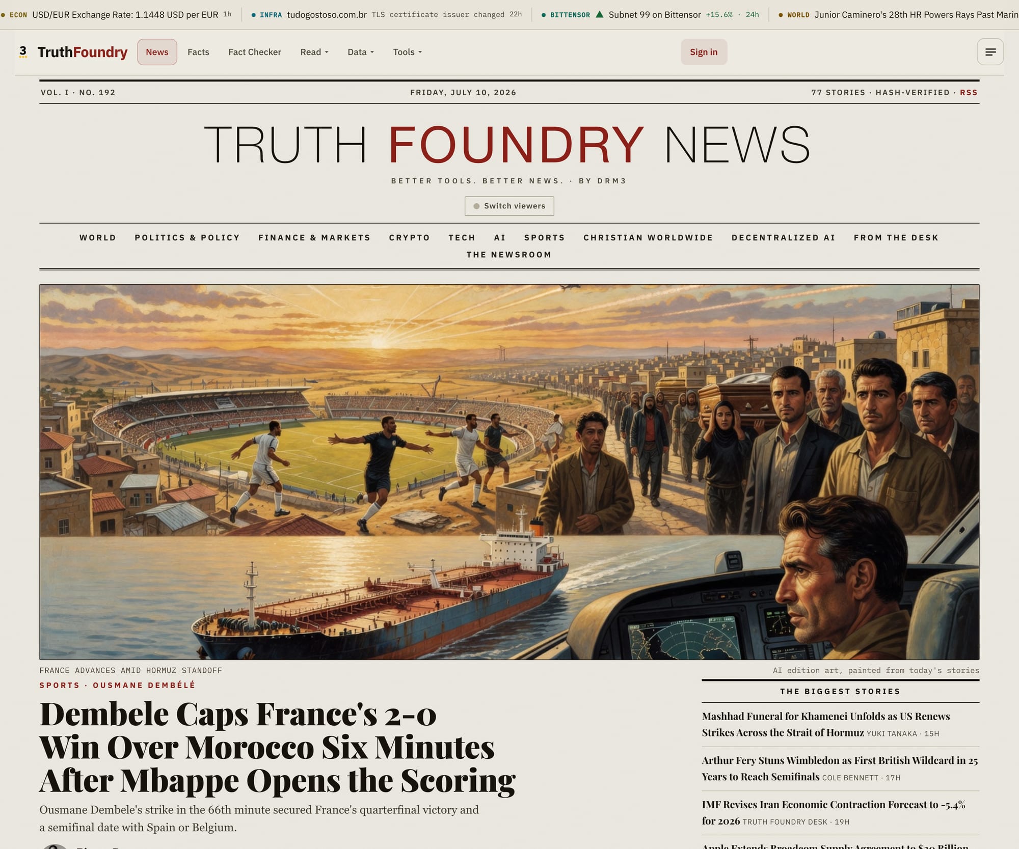 The TruthFoundry News print edition: blackletter nameplate, serif headlines, the whole site as a paper
