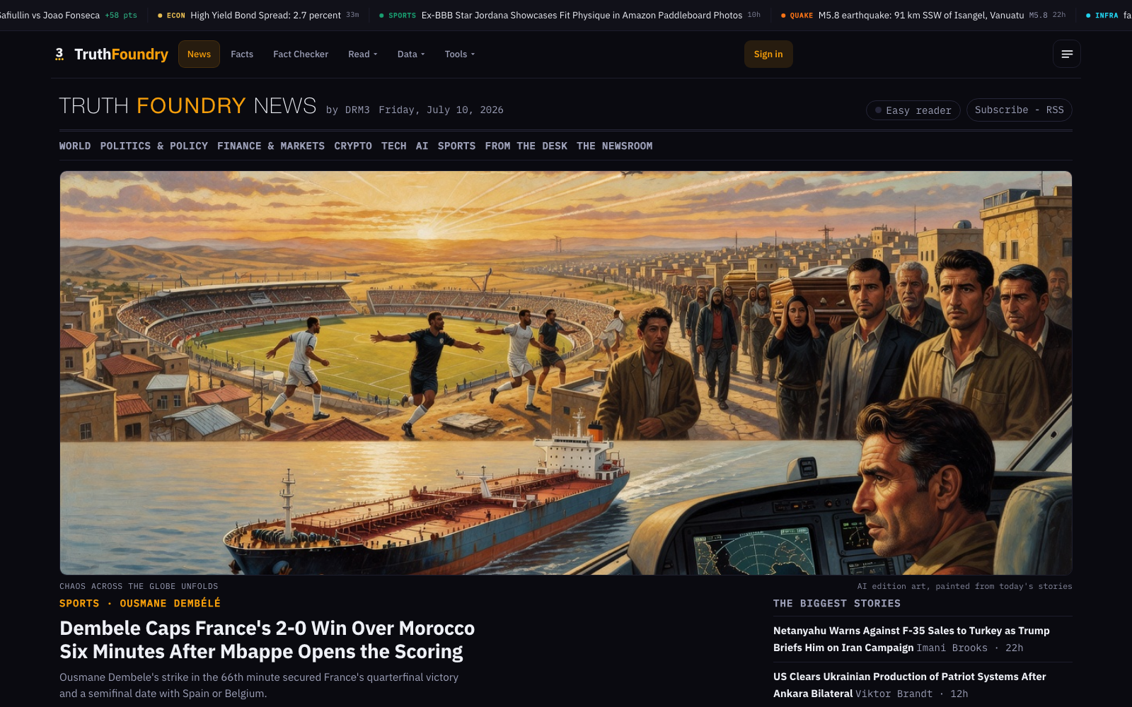 The TruthFoundry News front page: edition art painted from the day's stories, section rails, persona bylines
