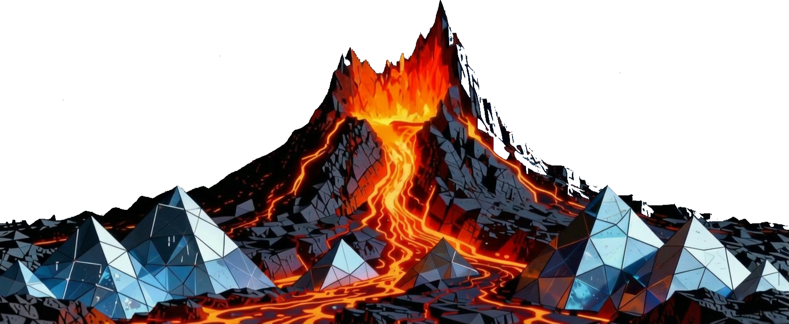 Volcano with lava flows and obsidian crystals. Raw data refined into structured intelligence